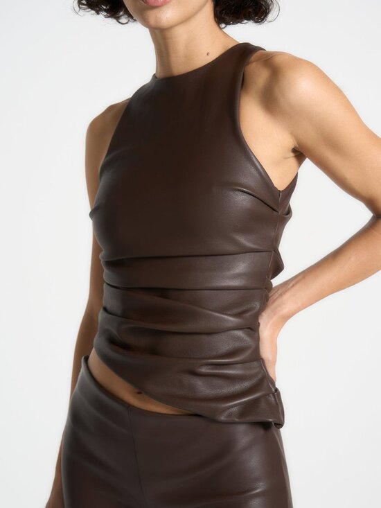 Maniere De Voir Tops - NWT Maniere De Voir Yolande Vegan Leather Asymmetric Tacked Racer Top Brown US 2